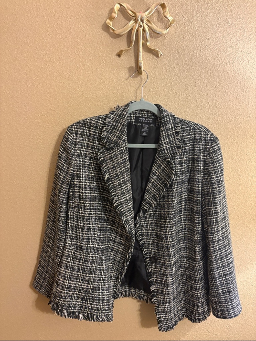 New York & Company Black and White Tweed Fringed Blazer